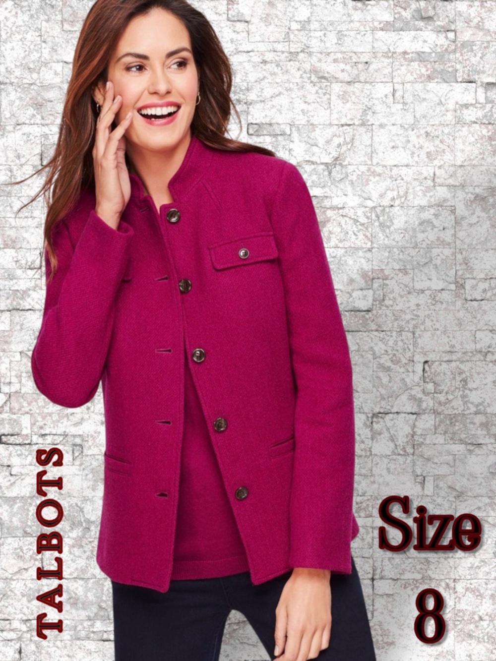 Talbots Magenta Lined WOOL BAND-COLLAR JACKET Size 8